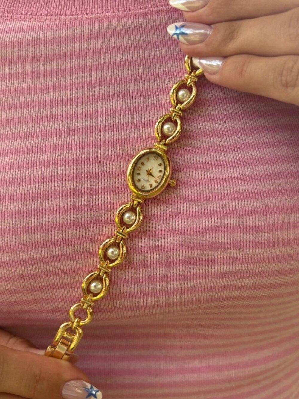 Dainty Gold Pearl Loop Bracelet Watch